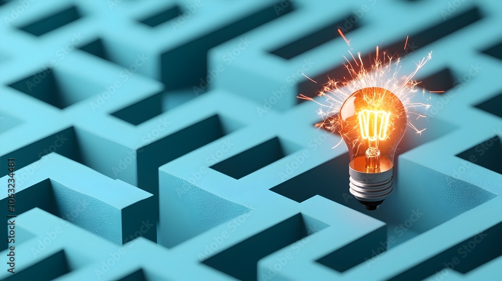 Fototapete intricate maze design with a bright fiery bulb at the exit surrounded by sparks on a blue background