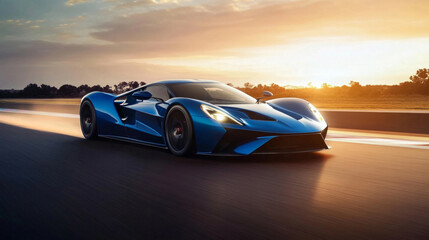 A sleek blue sports car races along a winding road at sunset, showcasing its aerodynamic design and high-performance engineering