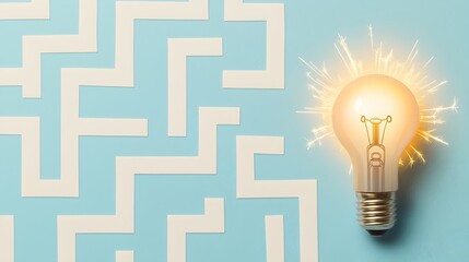 Radiant lightbulb shining at the end of a creative maze design with glowing sparks surrounding it symbolizing new ideas innovation and enlightenment against a blue and white background