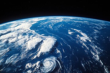 stunning view of Earth as seen from the vastness of space, with the planet's bright blue oceans and swirling white clouds sharply contrasting against the infinite darkness of space