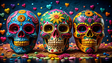 Obraz premium A vibrant display of colorful sugar skulls adorned with intricate patterns, celebrating the Day of the Dead with festive decorations and bright hues.