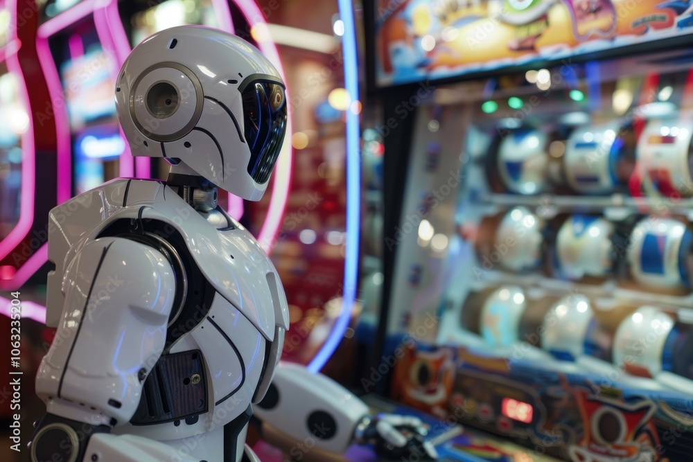 Poster white humanoid robot standing in amusement park, playing skill crane arcade game with claw trying to