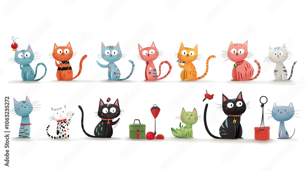 Poster Whimsical Collection of Funny Cartoon Cats in Various Colors and Patterns Showcased in Playful and Quirky Poses with Distinctive Accessories