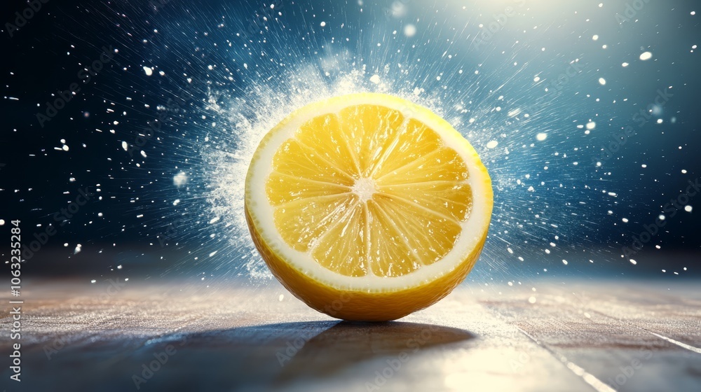 Poster dynamic splash, a lemon explodes out of the water with refreshing energy