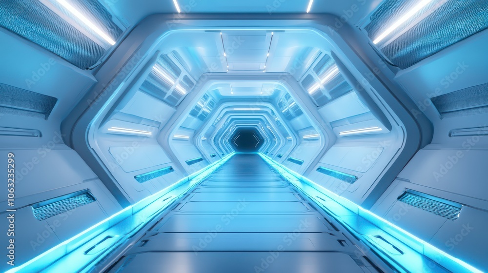 Poster futuristic spacecraft corridor: high-tech multifunctional space age material design background
