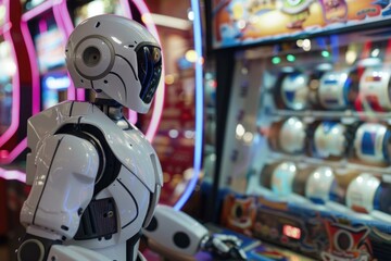 White humanoid robot standing in amusement park, playing skill crane arcade game with claw trying to win prize