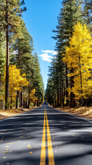 scenic autumn road lined with tall trees displaying vibrant fall colors under clear blue sky.
