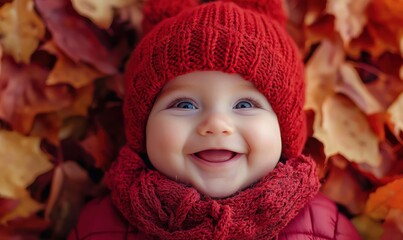 Happy baby in a red knit hat and scarf smiling while surrounded by autumn leaves Generative AI