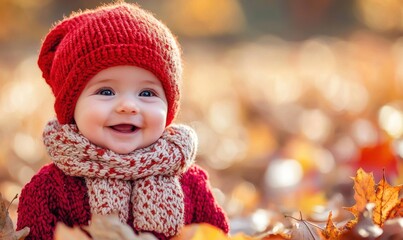 Happy baby in a red knit hat and scarf smiling while surrounded by autumn leaves Generative AI