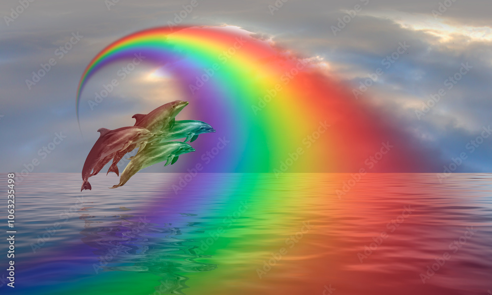 Poster group of dolphins jumping up from the sea amazing sunset in the background with rounde rainbow