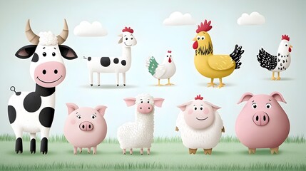 Naklejka premium Friendly Cartoon Cow Sheep Pig and Chicken Gathered in a Colorful Barnyard Setting