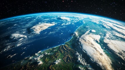 stunning view of Earth as seen from the vastness of space, with the planet's bright blue oceans and swirling white clouds sharply contrasting against the infinite darkness of space