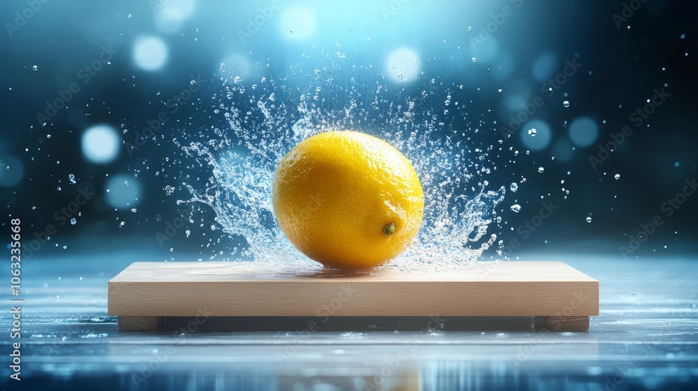 Poster lemon slice splashing into a wooden cube, creating refreshing burst of citrusy droplets