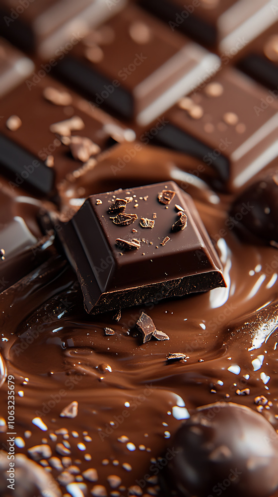 Poster delicious dark chocolate square surrounded by melted chocolate and cocoa. rich texture and glossy ap