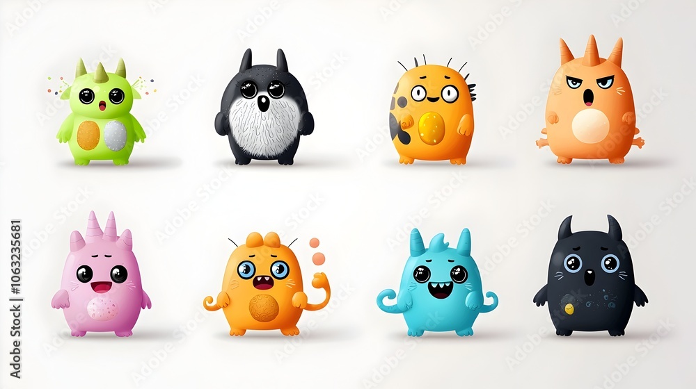 Poster Whimsical Collection of Colorful and Quirky Cartoon Monsters with Unique Shapes and Expressions Showcasing a Playful and Imaginative Mood