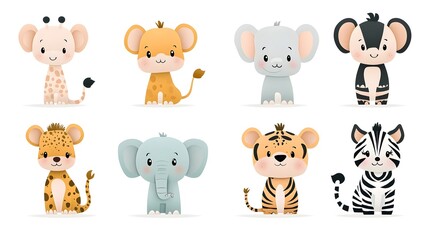 Obraz premium Adorable and whimsical cartoon depiction of a collection of baby zoo animals including elephant giraffe tiger and zebra rendered in soft