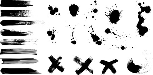 Paint brush, ink splatter, crosses, stains and paint strokes. Set of ink grunge paintbrush strokes and splash of paints. Artistic textures collection. Dirty vector design elements, backgrounds