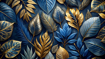 A vivid arrangement of textured leaves in blue and gold tones, creating an elegant, natural backdrop.