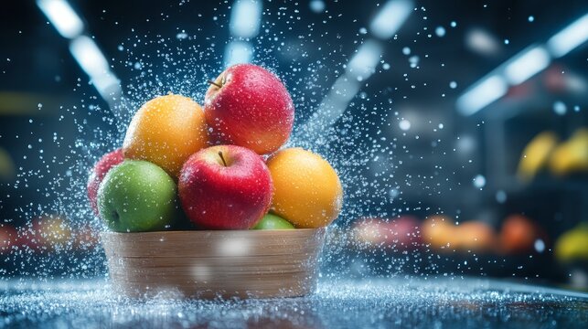 A refreshing display, fresh fruit splashing dynamically into bowl of water fresh