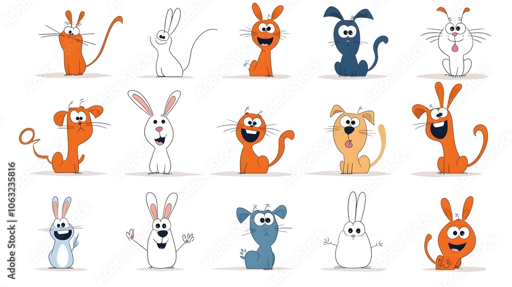Poster delightful cartoon pet characters collection featuring a happy dog cat hamster and rabbit with brigh