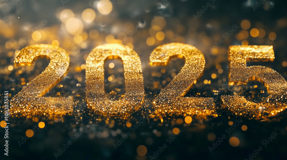 Poster elegant sparkling 2025 numbers on a dark background illuminated with golden light reflections at a f