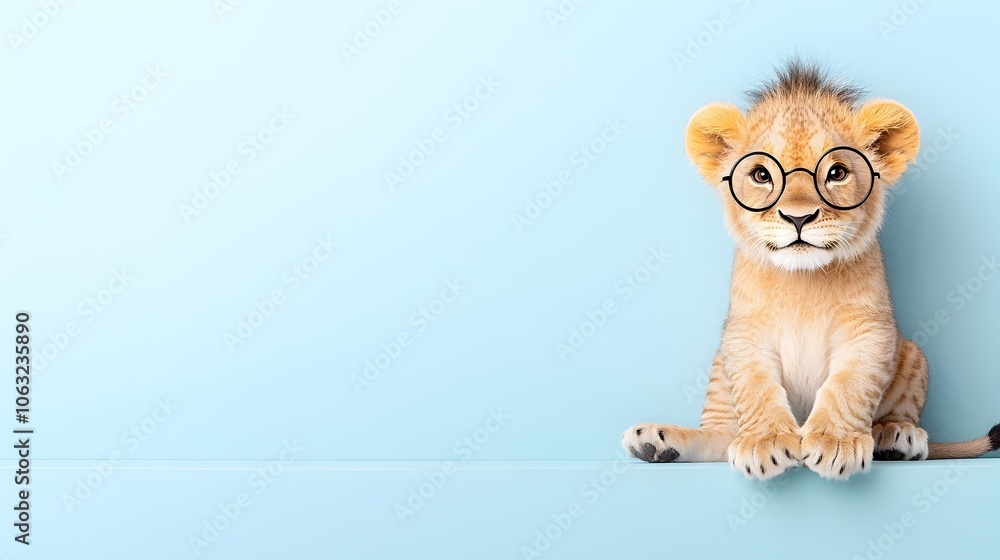 Poster cute and whimsical of a lion wearing round glasses and posing in a playful stylish stance against a 