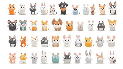 Vibrant cartoon pets collection featuring a happy dog cat hamster and rabbit with bright eyes and playful personalities  This cheerful digital is perfect for children s products web design