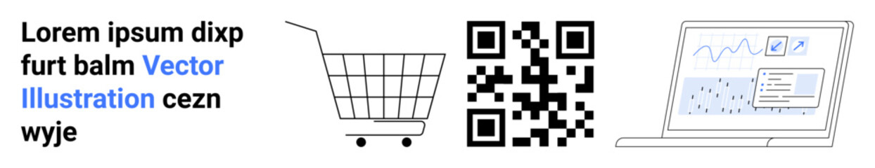 Includes a shopping cart a QR code and a laptop with data charts and graphs. Ideal for online shopping data analytics digital marketing e-commerce technology and business insights. Banner for landing