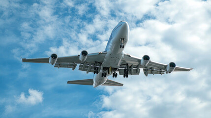 Obraz premium A large airplane gracefully descends through a bright blue sky dotted with fluffy white clouds during the day