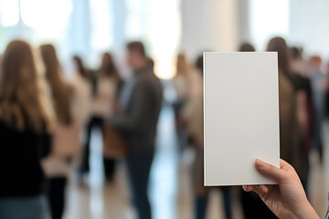 Person holding a blank card in their office. Blurred people in the background