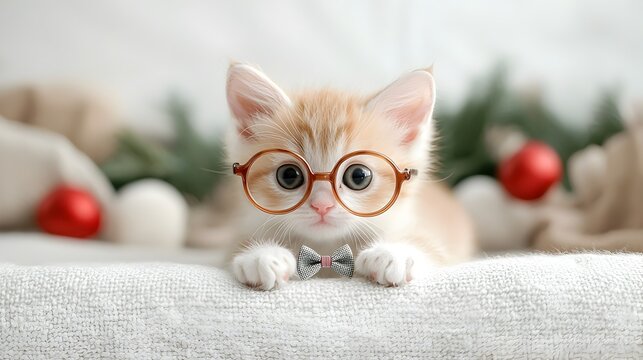 Curious and Adorable Kitten Wearing Oversized Glasses and a Tiny Bowtie Exploring a Cozy and Comfortable Interior Background