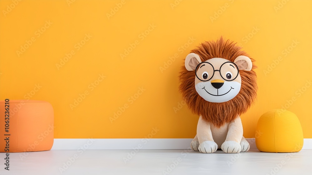 Poster cheerful and friendly cartoon of a lion character wearing round glasses and showing a playful happy 