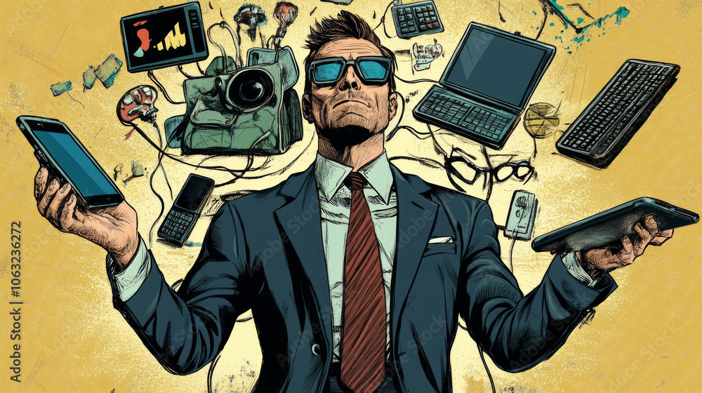 Poster a businessman expertly multitasking in a modern office environment, using multiple devices to manage