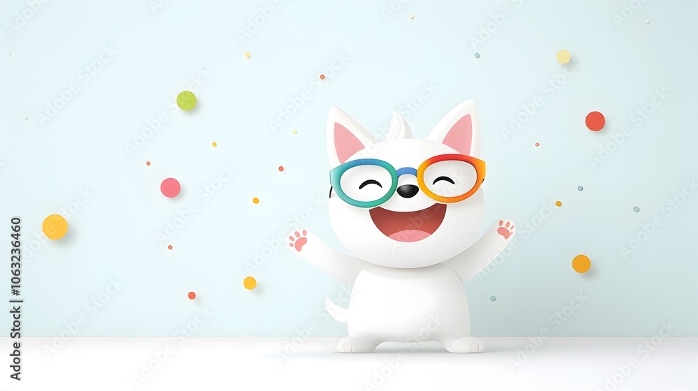 Poster playful and cheerful cartoon dog character with colorful glasses and a big grinning expression set a