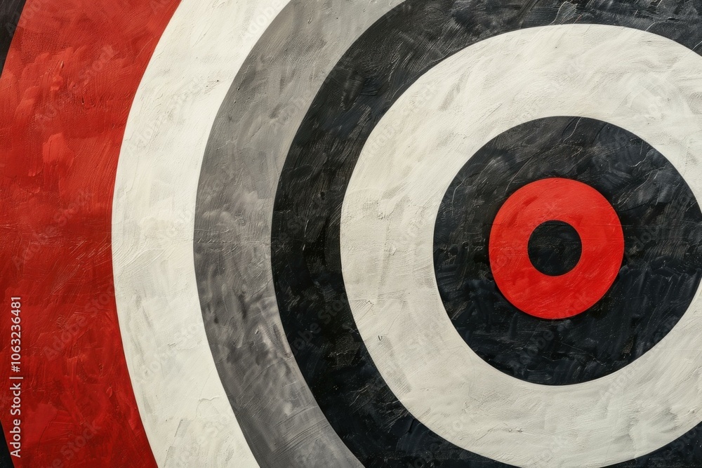 Poster bold graphic pattern is created by a red and black target design on a textured wall
