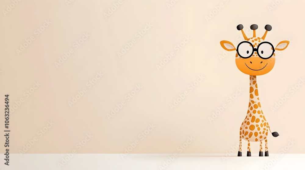 Poster friendly and amusing cartoon giraffe character with funny glasses and a gentle smile set against a v