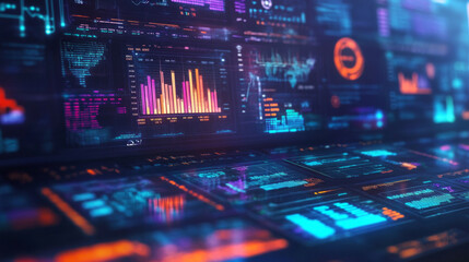 An advanced digital dashboard displaying real-time analytics and graphical data visualizations in a modern workspace environment