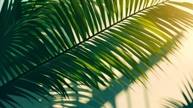 A close-up of a palm frond in the sunlight, creating a pattern of light and shadow