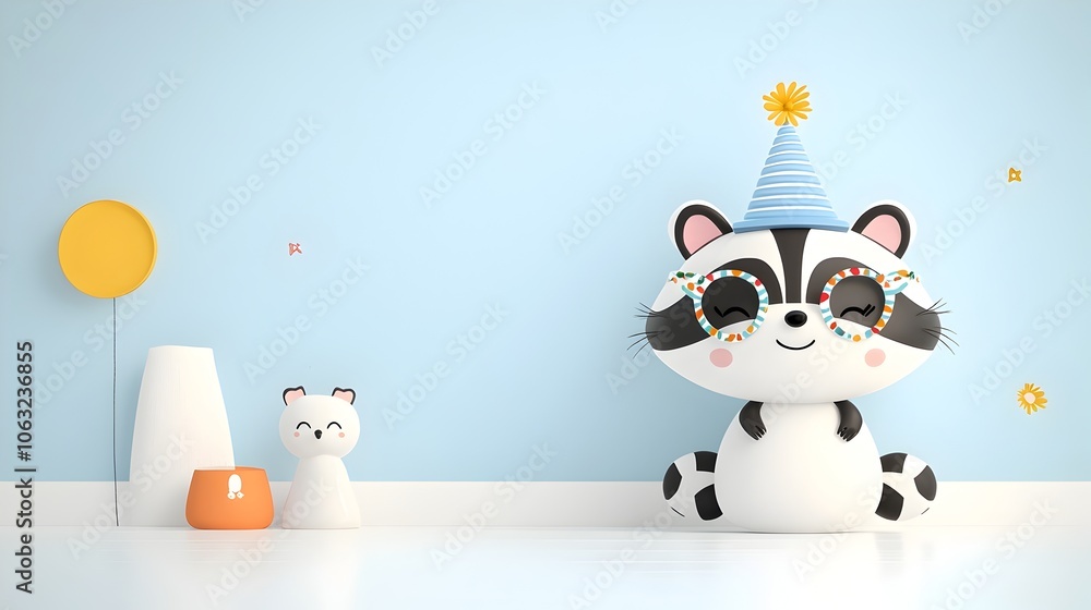 Poster cheerful and quirky cartoon raccoon character with glasses and a cute hat smiling happily in an outd