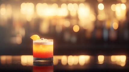 A vibrant cocktail with layers of color and a citrus garnish rests on a glossy bar counter. The background glows with dim, ambient light, highlighting rows of premium bottles