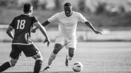 Player showcasing skill while maneuvering past an opponent during a competitive soccer match on a sunny day