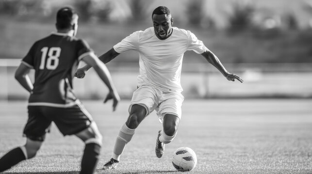 Player showcasing skill while maneuvering past an opponent during a competitive soccer match on a sunny day