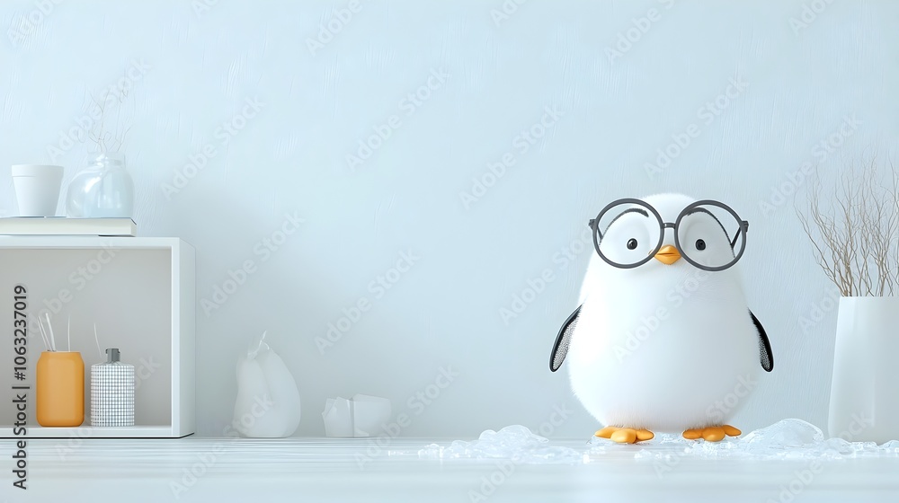 Poster charming cartoon of a happy playful penguin character wearing oversized glasses standing on an icy s