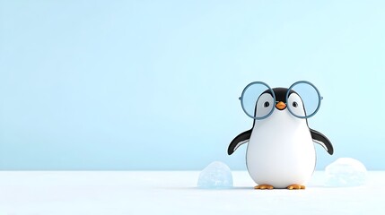Obraz premium Cheerful cartoon penguin with oversized glasses standing on ice in a playful winter themed setting The penguin has a happy expressive face and is surrounded by a snowy frosty landscape