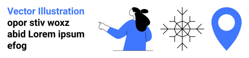 Woman in blue pointing right, intricate snowflake, and solid blue location pin. Ideal for winter themes, navigation, travel, weather forecasts, user guides, educational content, web design. Banner