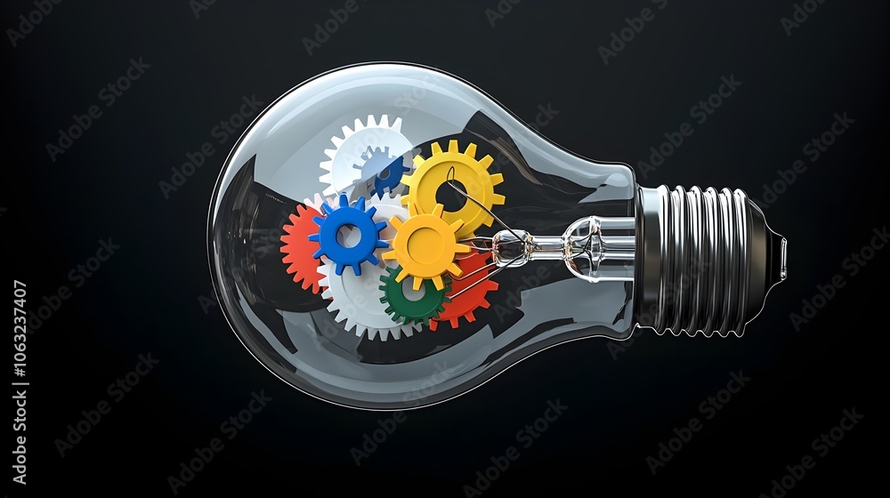 Poster Illuminating light bulb filled with colorful gears inside symbolizing the creative process problem solving and new innovative ideas  The image represents the power of imagination ingenuity
