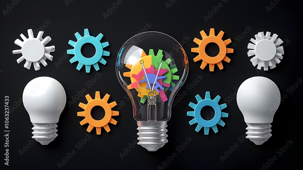 Poster Illuminated light bulb with vibrant gears and cogs inside representing the creative process of problem solving innovative thinking and the birth of new ideas