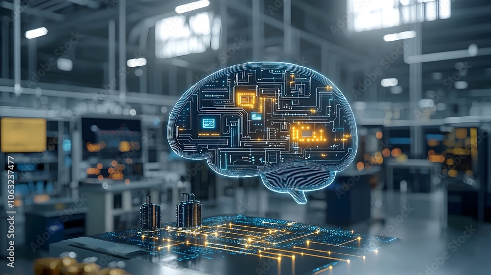 Poster innovative brain with glowing circuit patterns representing intellectual progress and pioneering thi