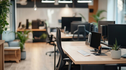 Innovative and modern workspace featuring multiple desks and screens in a bright office environment
