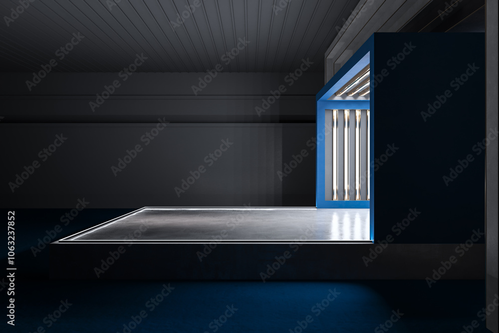 Poster side view of modern blue theater stage design. performance and act concept. 3d rendering.